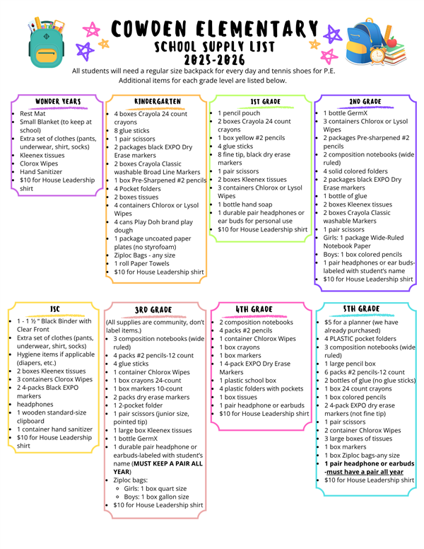  2025-2026 Cowden School Supply List
